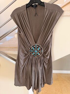 Sky Taupe Top with Turquoise Embellishment